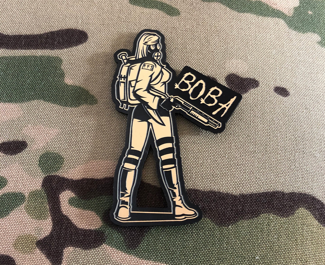 BOBA Gasgirl laser engraved plastic laminate gold limited edition patch. Size 90mm x 60mm.