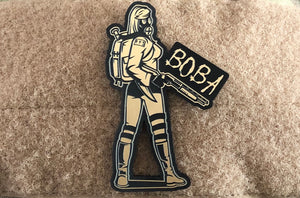 BOBA Gasgirl laser engraved plastic laminate gold limited edition patch. Size 90mm x 60mm.