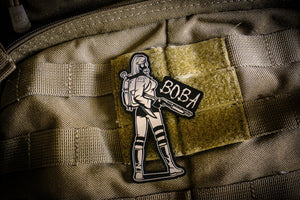 BOBA Gasgirl laser engraved plastic laminate silver limited edition patch. Size 90mm x 60mm.
